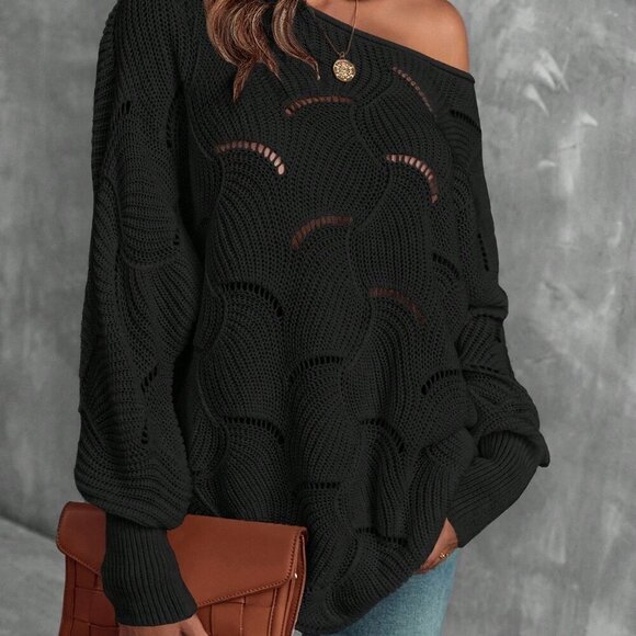 Black Women's Casual Hollow Out Batwing Sleeve Sweater - Picture 7 of 7